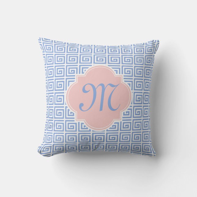 Rose Quartz Pink Serene Blue Greek Key Quatrefoil Throw Pillow (Front)