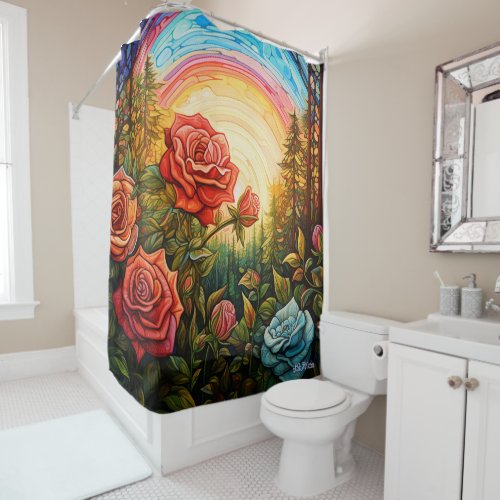 rose rainbow forest with sunset Shower Curtain