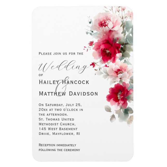 Rose Red and Pink Floral Wedding Invitation Magnet (Vertical)