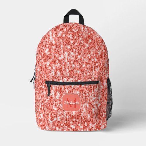 Rose red coral glitter sparkles bling Monogram Printed Backpack