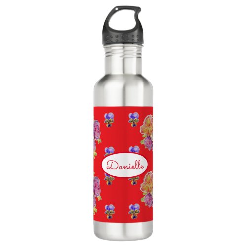 Rose Red Floral Roses Vintage Garden Womans Retro Stainless Steel Water Bottle