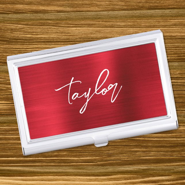 Rose Red Foil Modern Brush Script First Name Business Card Case (Creator Uploaded)