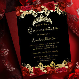 Rose Red Gold Damask Floral Quinceanera Foil Invitation