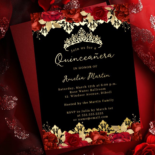 Rose Red Gold Damask Floral Quinceanera Foil Invitation (Creator Uploaded)