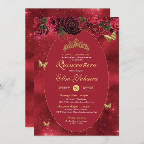 Rose Red Gold Luxury Butterfly Quinceanera Invitation