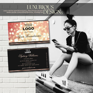 Rose Red Golden Glitter and Logo Elegant Black Business Card