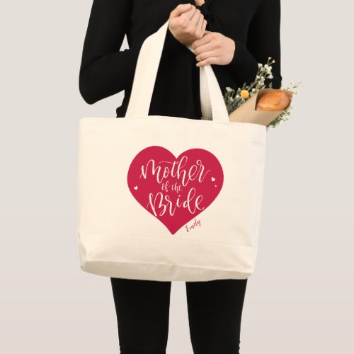 Rose red heart and script mother of the bride large tote bag