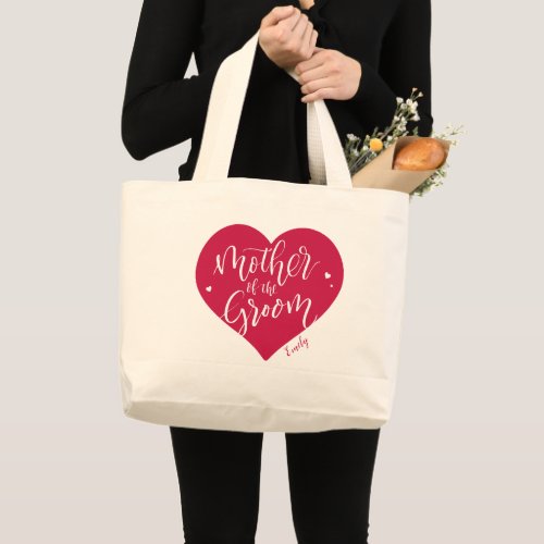 Rose red heart and script mother of the groom large tote bag