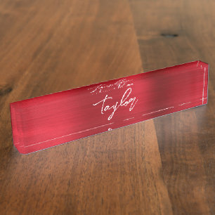 Rose Red Ombre Foil Modern Brush Script Desk Name Plate