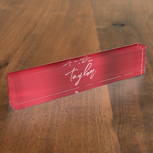 Rose Red Ombre Foil Modern Brush Script Desk Name Plate (Side)