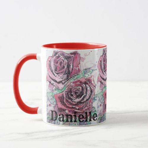 Rose Red Watercolor floral Art Painting Womans Mug