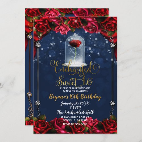 Rose Reds Navy Blue  Gold Sweet 16 Party Invitation