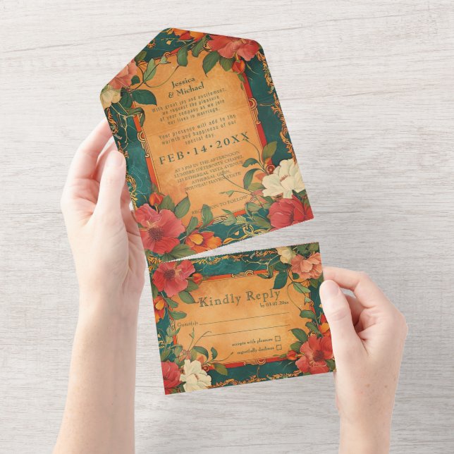 🌹  Rose Romance: Art Nouveau Splendor All In One Invitation (Tearaway)
