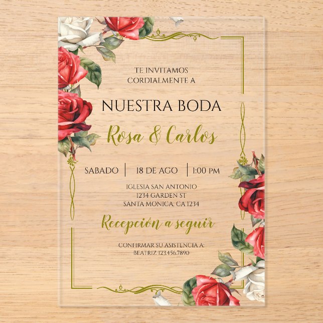 Rose Rose Spanish Wedding Acrylic Invitations (Front)