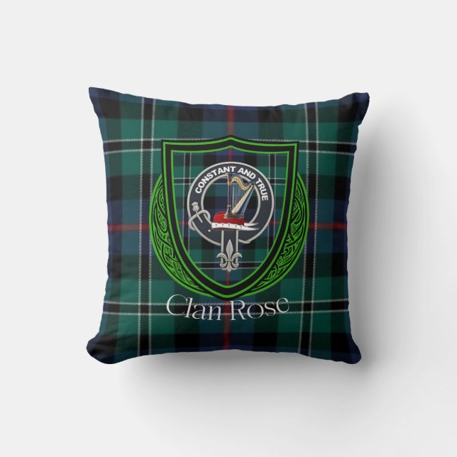 Rose Scottish Clan Tartan & Crest Throw Pillow (Front)