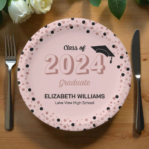 Rose Script Confetti Graduation Party Pink Pap Paper Plates