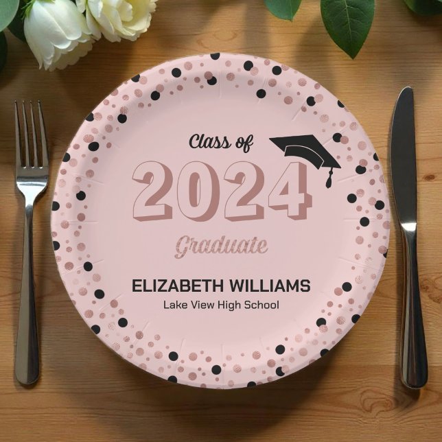 Rose Script Confetti Graduation Party Pink Pap Paper Plates (Creator Uploaded)