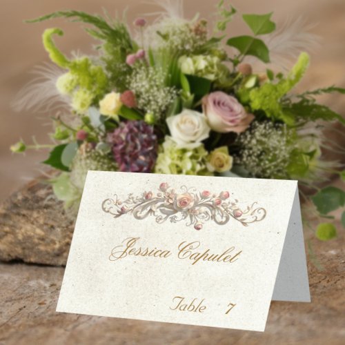 Rose Scroll & Heart Monogram - Cream Place Card