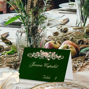Rose Scroll & Heart Monogram - Emerald Place Card