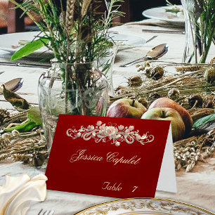 Rose Scroll & Heart Monogram - Red Place Card