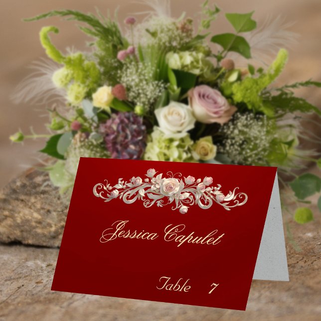 Rose Scroll & Heart Monogram - Red Place Card (Creator Uploaded)