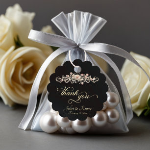 Rose Scroll & Monogram - Scalloped Black Favor Tags