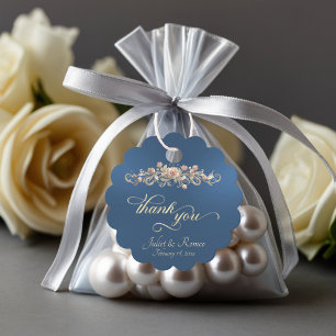 Rose Scroll & Monogram - Scalloped Blue Favor Tags