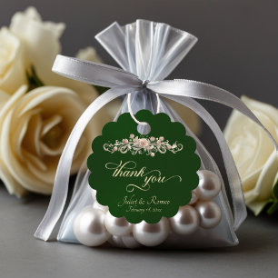 Rose Scroll & Monogram - Scalloped Emerald Favor Tags