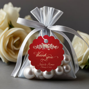 Rose Scroll & Monogram - Scalloped Red Favor Tags