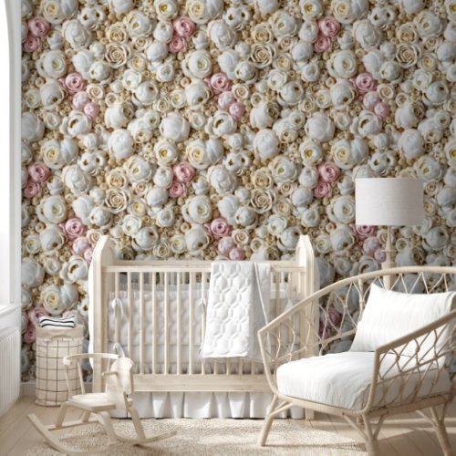 Rose seamless pattern ivory white pink 3D luxury Wallpaper