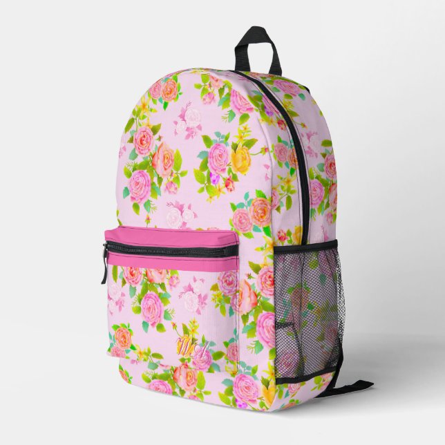Rose Shabby Vintage Pink Printed Backpack (Back Corner Right)