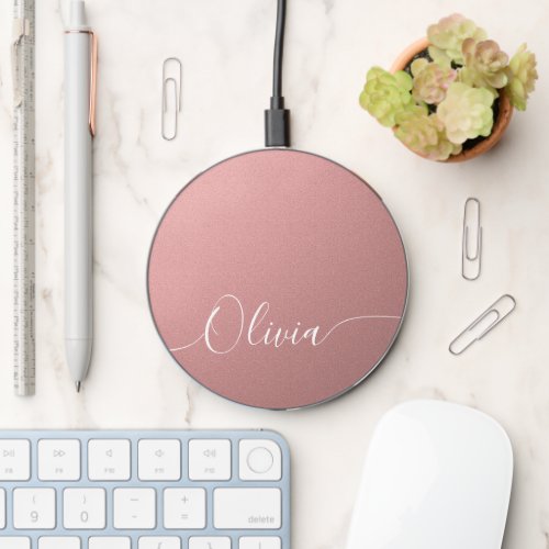 Rose Shimmer Elegant Calligraphy Script Name Wireless Charger