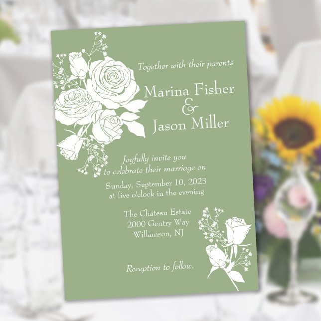 Rose Silhouettes on Sage Green Wedding Invitation (Creator Uploaded)