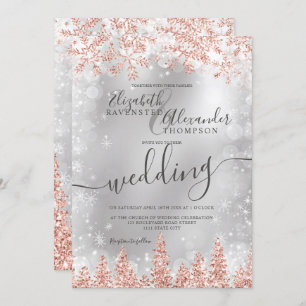 Rose silver snow pine Christmas winter wedding Invitation