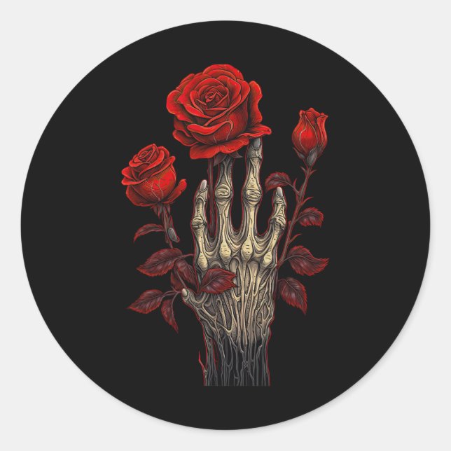 Rose Skeleton Skull Hand Red Flower Rose 1  Classic Round Sticker (Front)