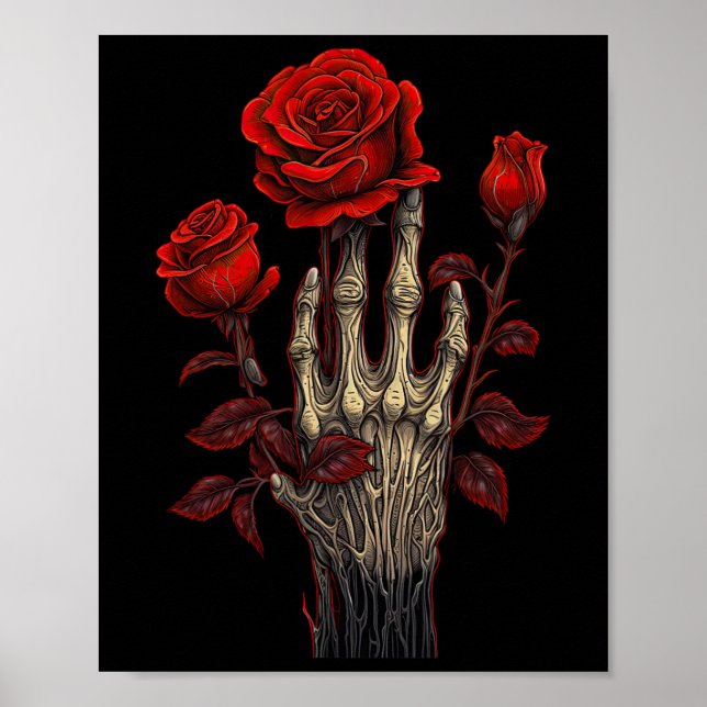 Rose Skeleton Skull Hand Red Flower Rose 1  Poster (Front)