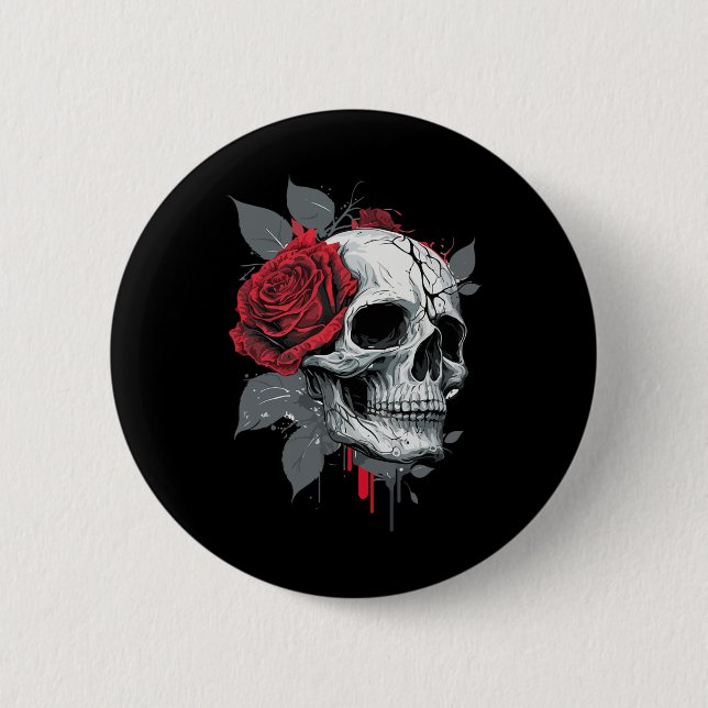 Rose Skeleton Skull Hand Red Flower Rose  Button (Front)