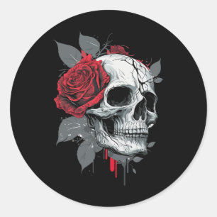 Rose Skeleton Skull Hand Red Flower Rose Classic Round Sticker