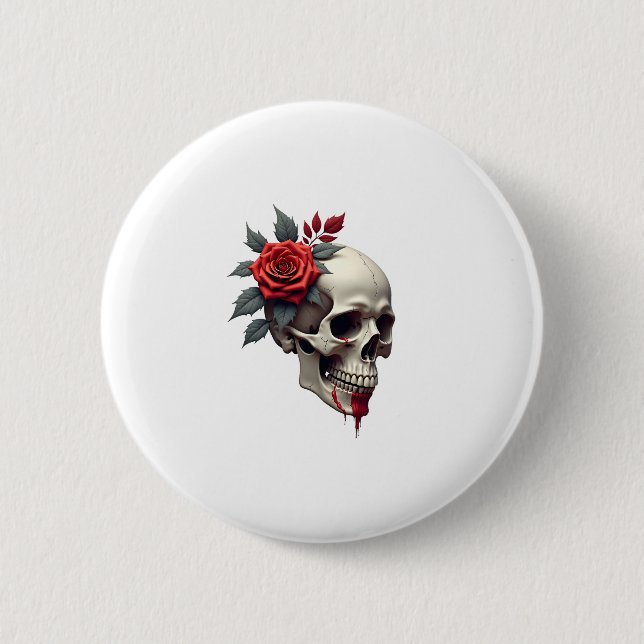 Rose Skeleton Skull Hand Red Flower Rose T-Shirt ( Button (Front)