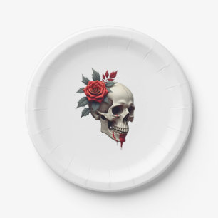 Rose Skeleton Skull Hand Red Flower Rose T-Shirt ( Paper Plates