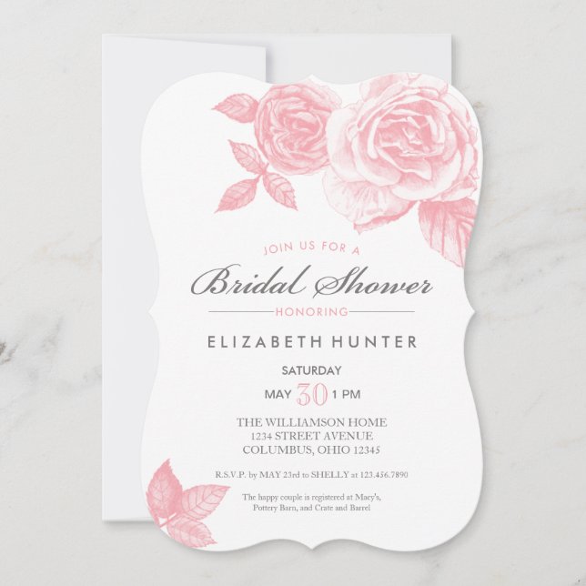 Rose Sketch Bridal Shower Invitation in Pink (Front)