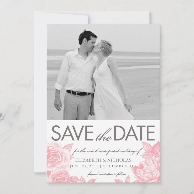 Rose Sketch Save the Date Photo Card in Pink (Front)