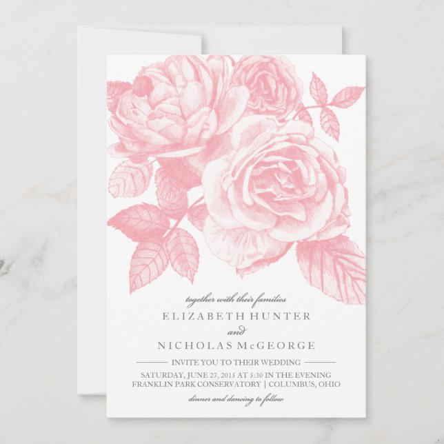 Rose Sketch Wedding Invitation in Pink (Front)