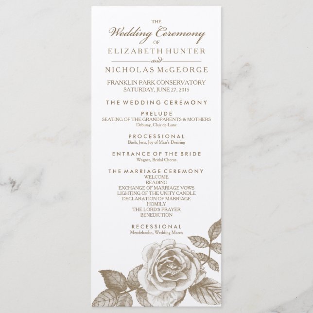 Rose Sketch Wedding Program in Sepia (Front)