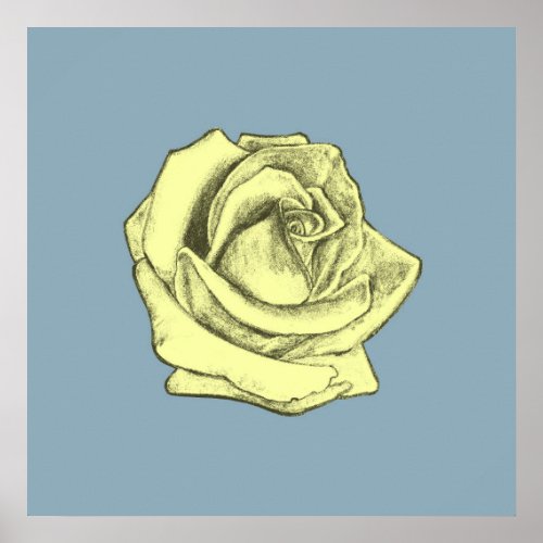 Rose Sketch Yellow Tint on Blue Poster