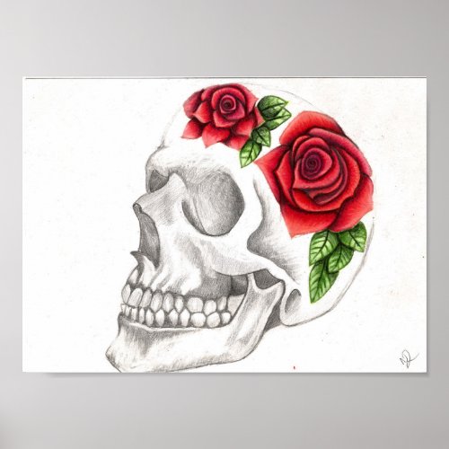 Rose skull drawing poster