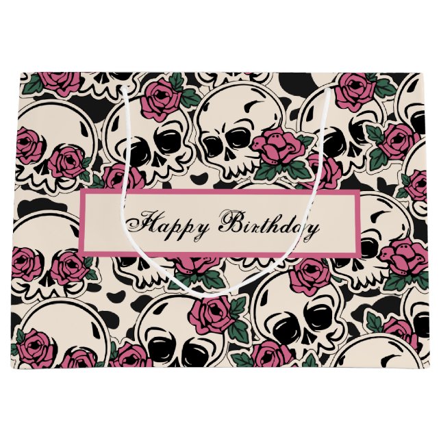 Rose Skull Pattern Birthday Large Gift Bag (Front)