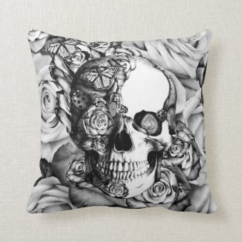 Rose Skull With Butterflies In Black And White. Throw Pillow by KPattersonDesign at Zazzle