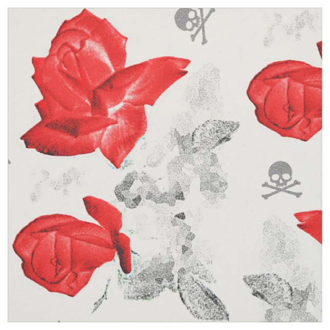 Rose Skulls Gothic Red/Gray Pattern Fabric (Swatch)