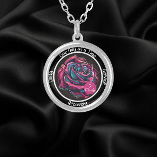 Rose Sobriety Chip 12-Step Recovery Gift Silver Plated Necklace